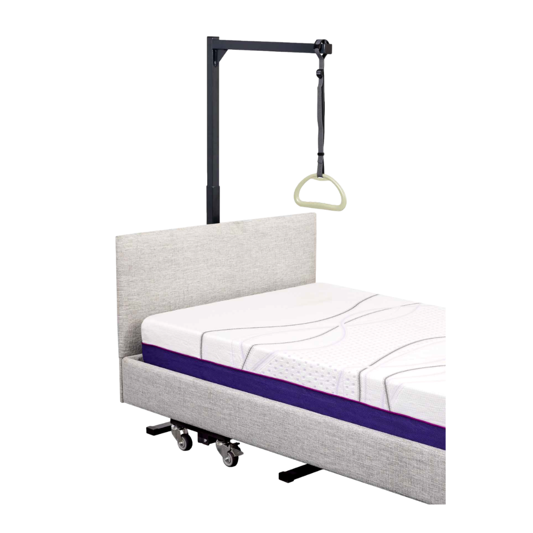The icare Medical Freestanding Pull-Up Bar is a black overhead trapeze with a white handgrip, designed to enhance bed mobility and assist patient transfers for adjustable hospital beds with wheels, light gray headboards, and thick mattresses.